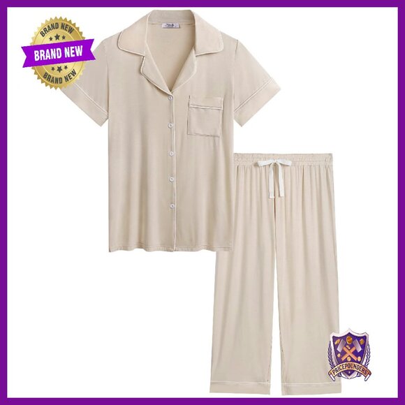 Bamboo Viscose Capri Pajama Set Short Sleeve Button Down Sleepwear